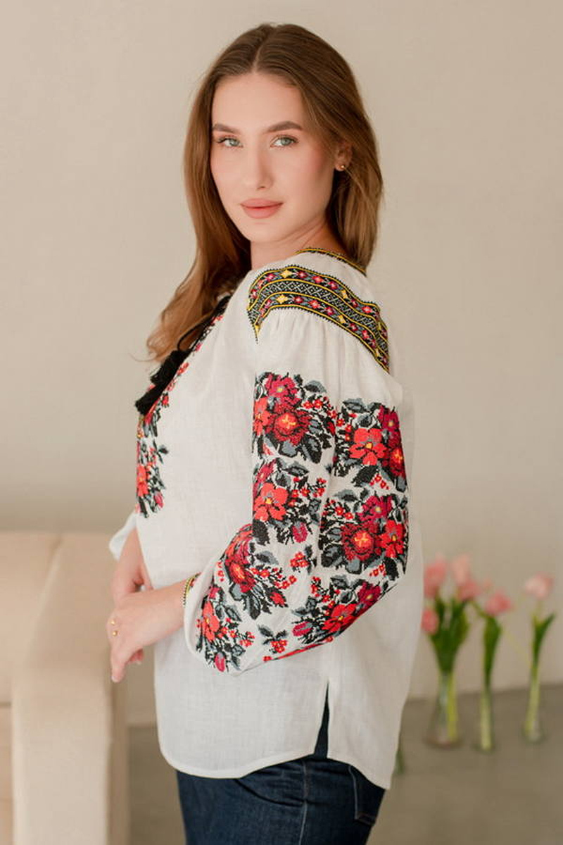 Women's linen embroidered blouse “Roses” white