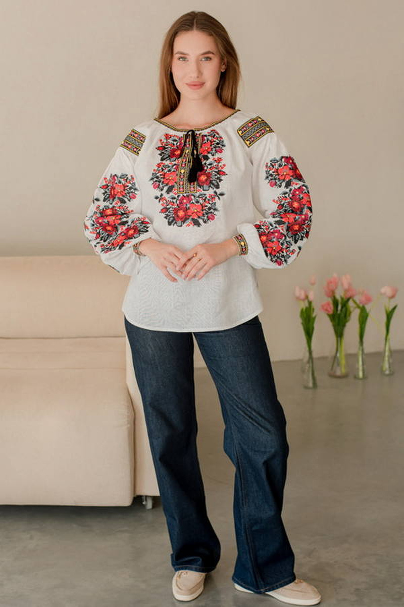 Women's linen embroidered blouse “Roses” white