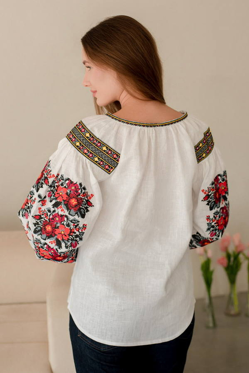 Women's linen embroidered blouse “Roses” white