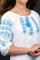 Women's embroidered shirt Horns are blue on white cotton