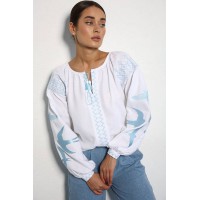 Swallows women's embroidered shirt, white with blue embroidery on the sleeves