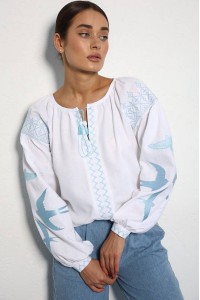 Swallows women's embroidered shirt, white with blue embroidery on the sleeves