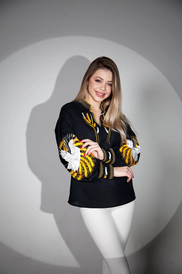 Women's black embroidered shirt with ears of wheat and birds on the sleeves, XXL 