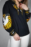 Women's black embroidered shirt with ears of wheat and birds on the sleeves