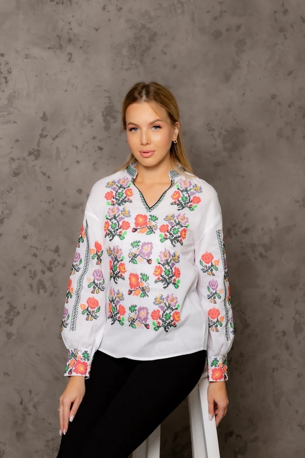 Women's white embroidered shirt with a floral pattern Lukeria, XXL