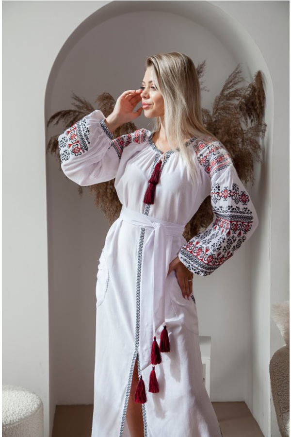 Сукня біле вишите плаття з червоно-чорною вишивкою Злата, M