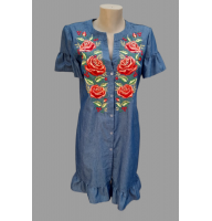 Rose embroidered women's dress, denim color, size 48