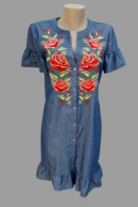 Rose embroidered women's dress, denim color, size 48