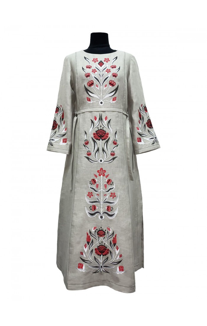 Тиса серая, платье женское льняное с вышивкой