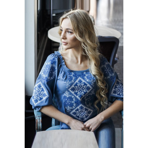 Blue embroidered shirt for women, blue embroidery of Hoverla, S