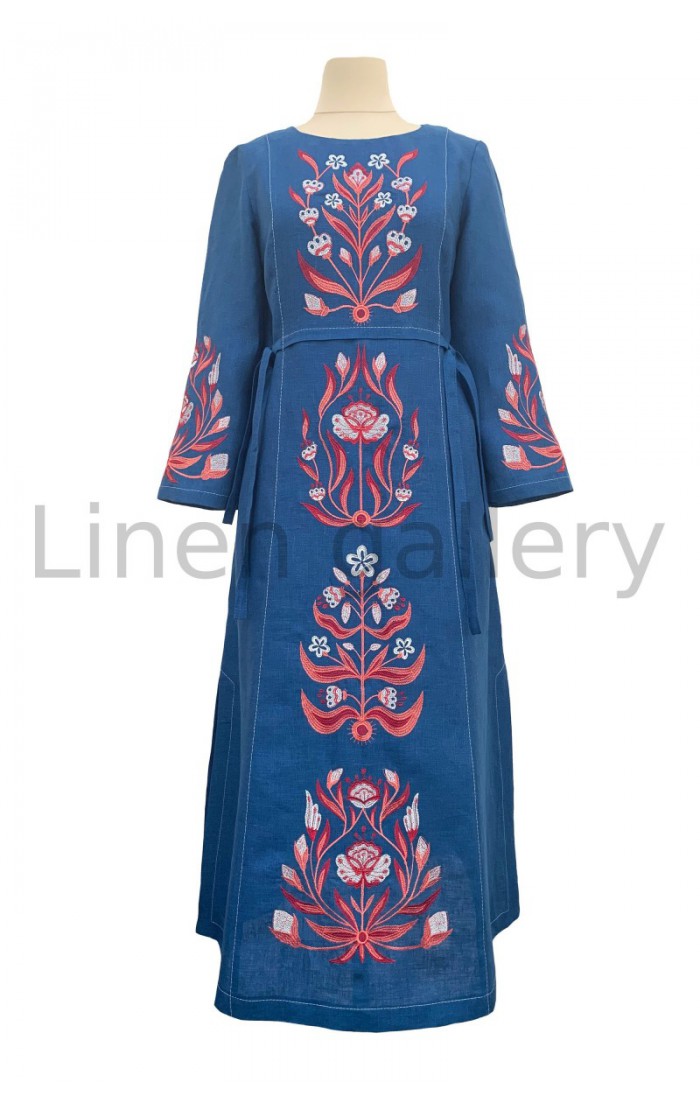 Тиса синяя, платье женское льняное с вышивкой