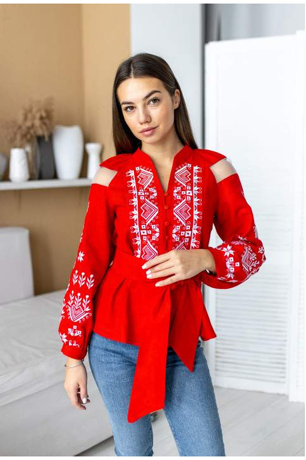 Bohemia women's red embroidered shirt with white embroidery
