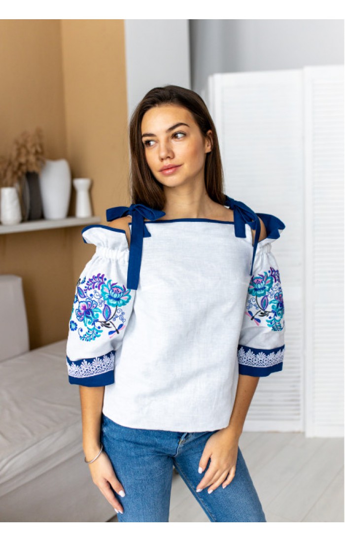 Irena, women's white embroidered shirt with blue embroidery