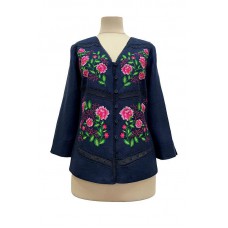 Zoia, blouse made of natural linen with embroidery and lace, dark blue