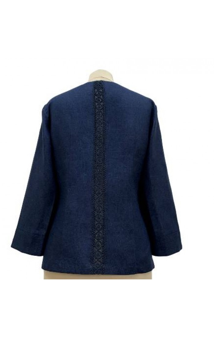 Зоя, блузка из натурального льна с вышивкой и мережкой, темно-синяя