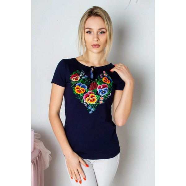 Women's T-shirt with dark-blue embroidery, Aniutka, S