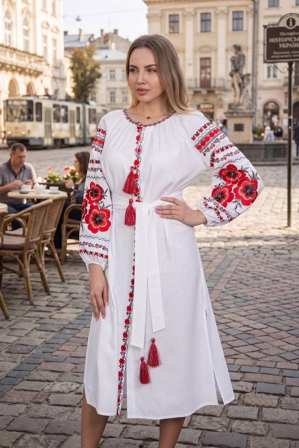 White dress with embroidery "Fiery Petal" 