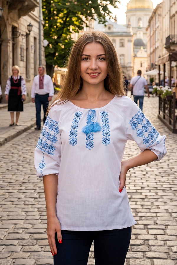 Женская вышиванка Рожки синие на белом хлопке