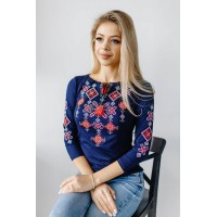 Women's embroidered T-shirt "Starry Night" dark blue with red embroidery
