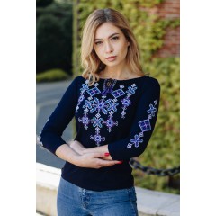 Жіноча футболка-вишиванка Зоряна ніч темно-синя з синьою вишивкою, M