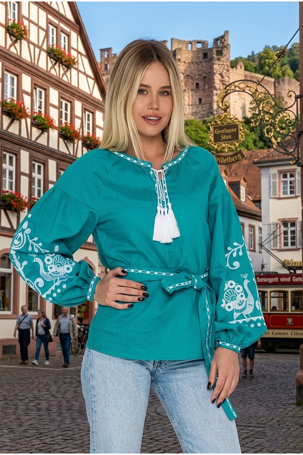 Green embroidered shirt Royal peacock, 52