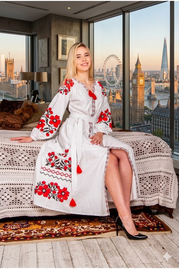 Parisian bouquet, white dress with red embroidery, XL