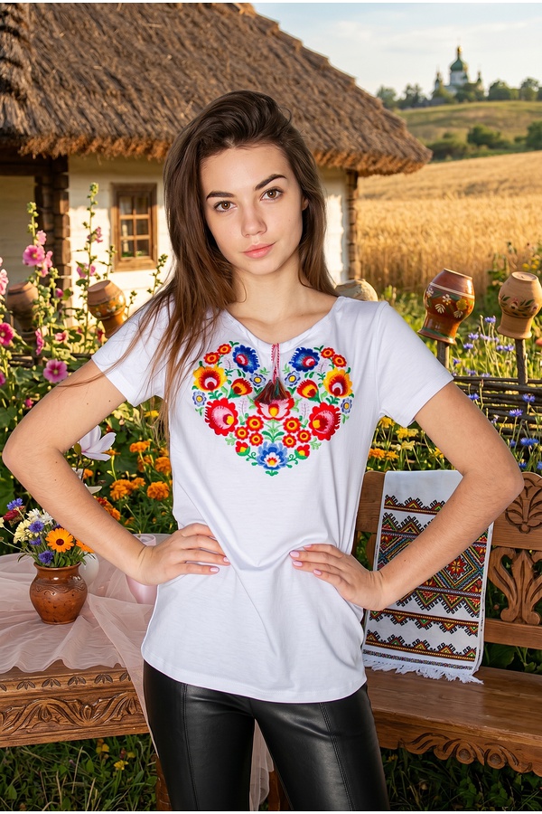 White embroidered T-shirt, white Seven Flowers, XL