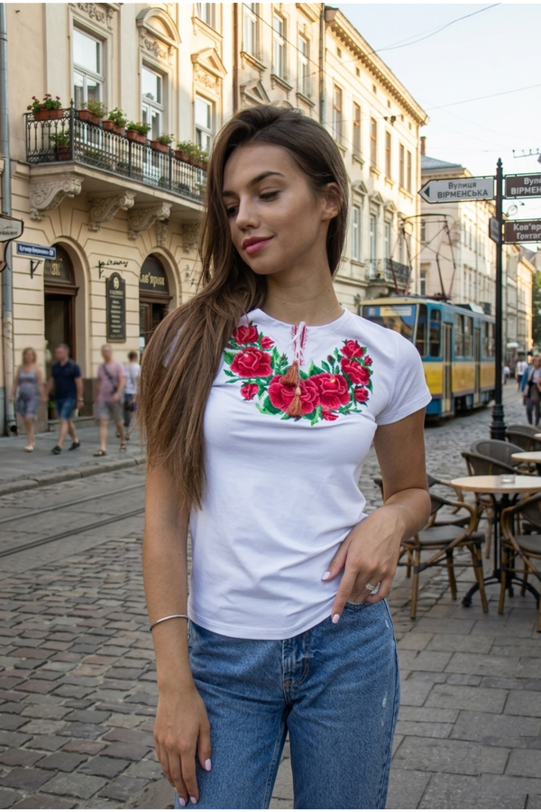 Women's embroidered white t-shirt with Gloria flower embroidery, XL