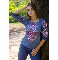 Blue women's embroidered shirt, red embroidery Hoverla, 2XL