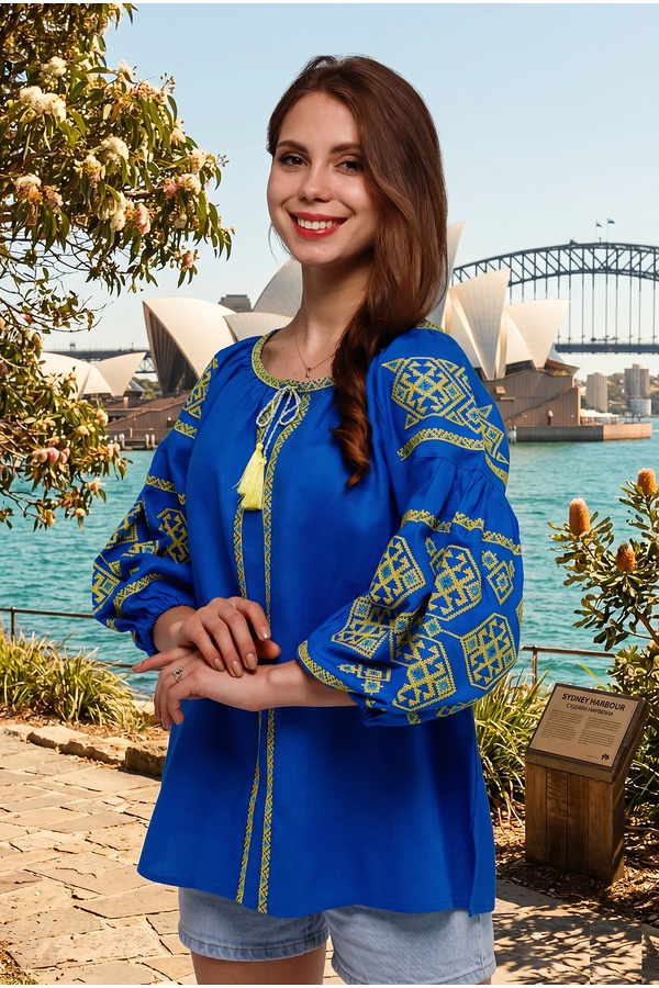 Blue embroidered women's shirt from Svitodara, 54