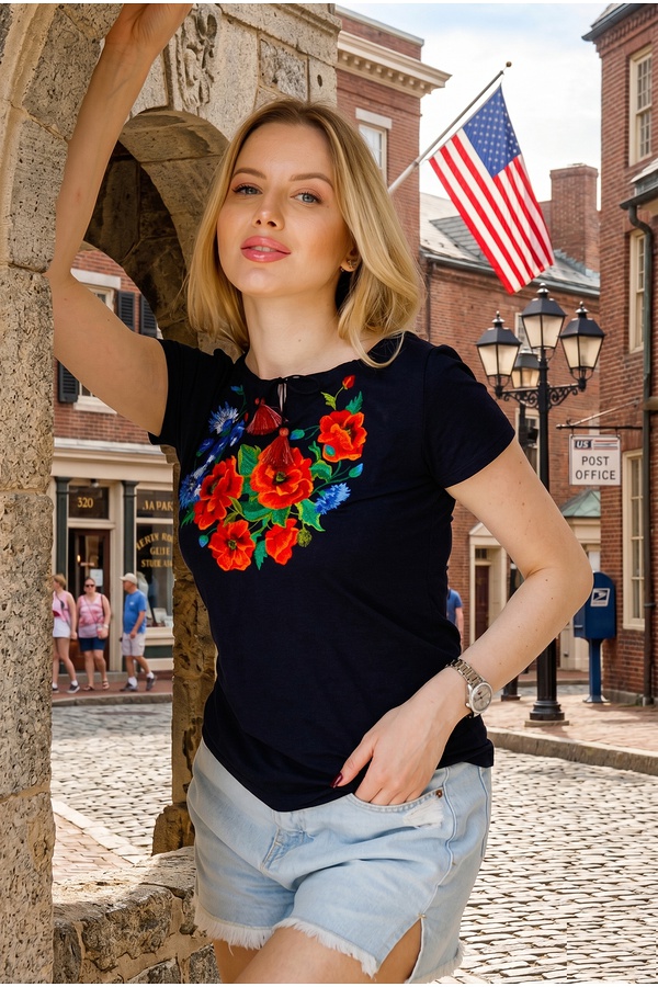 Blue women's embroidered T-shirt "Vološkove Pole", S