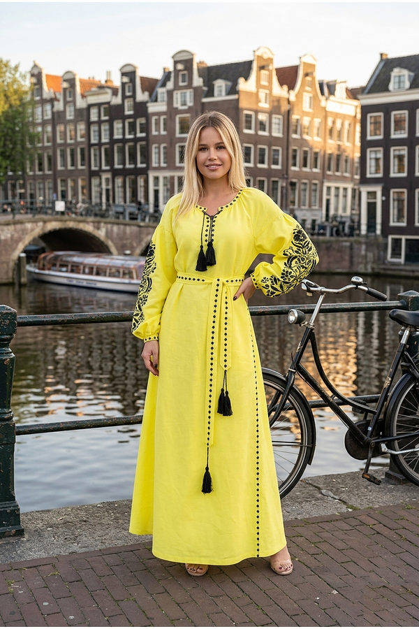 Vyshyvanka dress "Blooming Garden" yellow with black embroidery