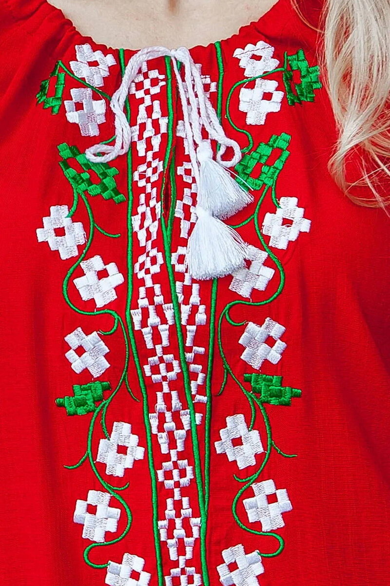 Red vyshyvanka with white flowers on the sleeves and chest "Spring Dreams"