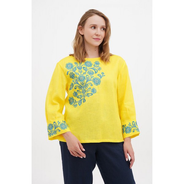 Women's embroidered blouse, yellow with blue embroidery, Galina