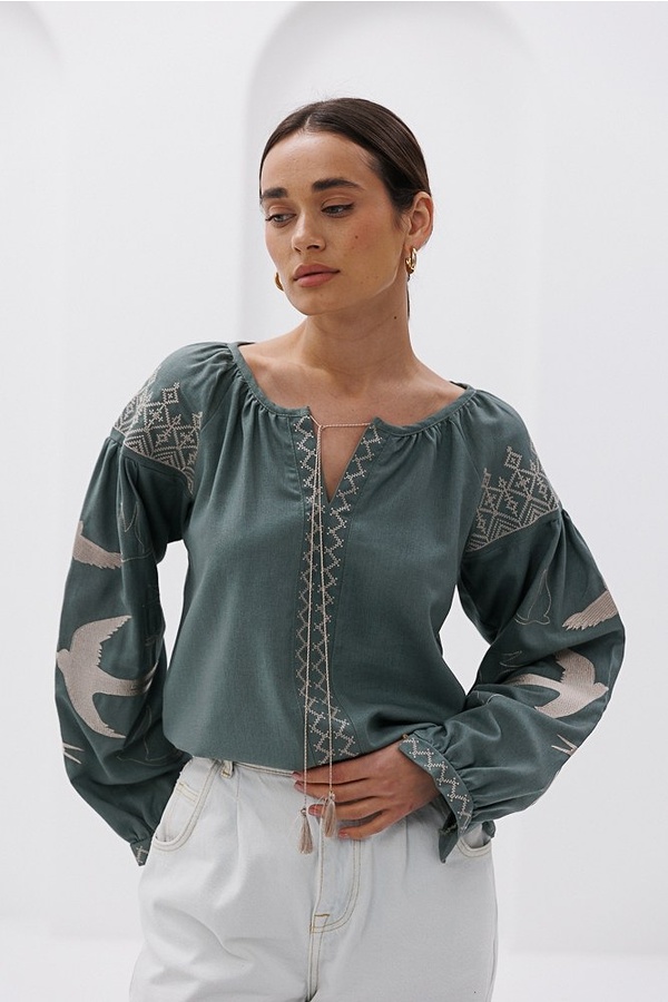 Women's khaki embroidered jacket with golden swallows, S