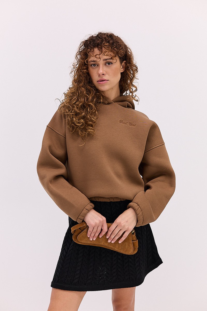 Жіноче утеплене худі коричневе з вишивкою That girl