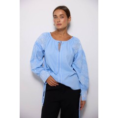 Women's blue embroidered shirt with wide cuffs, Grace, size S