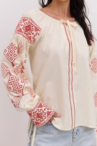 Бежевая женская вышитая рубашка с широкими манжетами и завязками, Grace, размер M