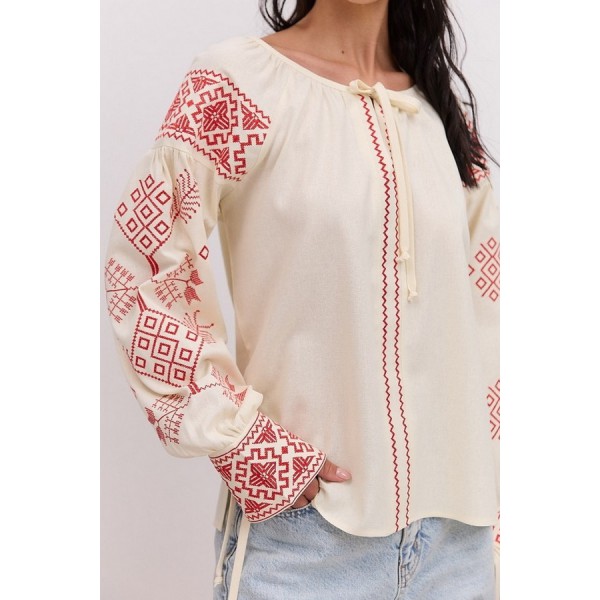 Beige women's embroidered shirt with wide cuffs and ties, Grace, size L