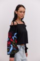 Black embroidered shirt with open shoulders and long sleeves May