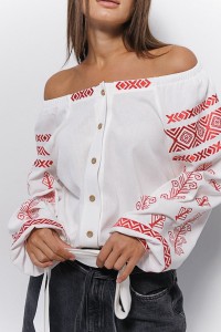 Вишиванка з відкритими плечима молочна з кораловою вишивкою Гелена