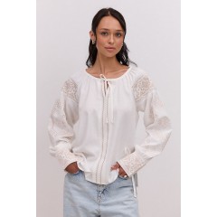 Women's blue embroidered shirt with wide cuffs, Grace, size L