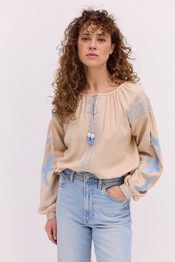 Beige women's embroidered shirt with blue embroidery of Swallows. S