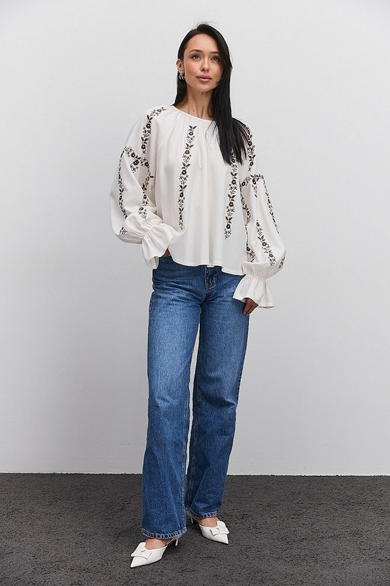 Women's embroidered blouse in milk color with brown satin-stitched flowers