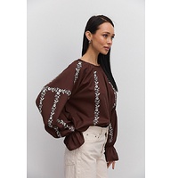 Women's chocolate embroidered blouse with milk-colored satin-stitch flowers, size XL