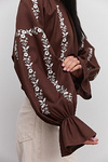Women's chocolate embroidered blouse with milk-colored satin-stitch flowers
