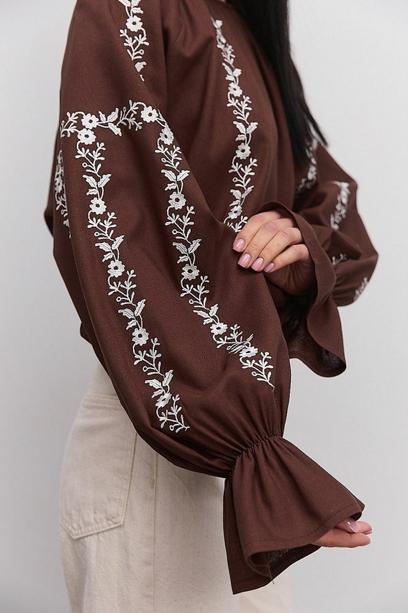 Women's chocolate embroidered blouse with milk-colored satin-stitch flowers