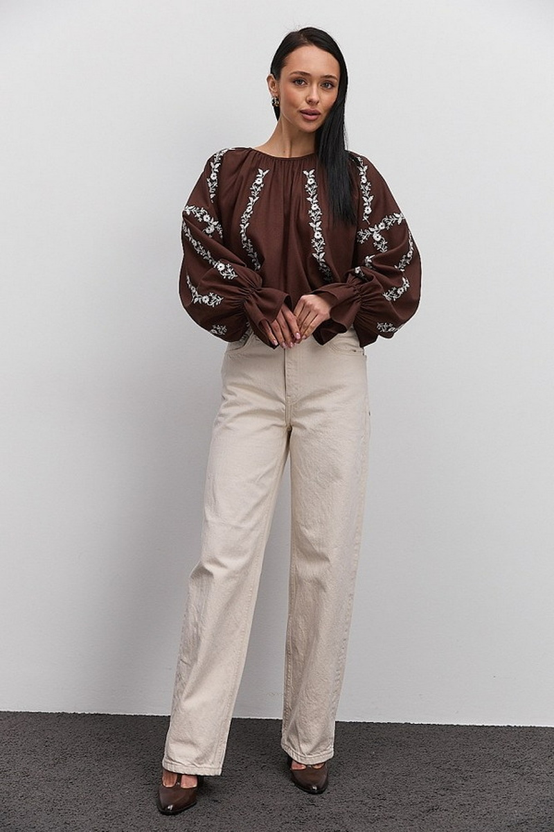 Women's chocolate embroidered blouse with milk-colored satin-stitch flowers