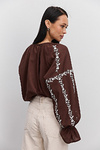 Women's chocolate embroidered blouse with milk-colored satin-stitch flowers