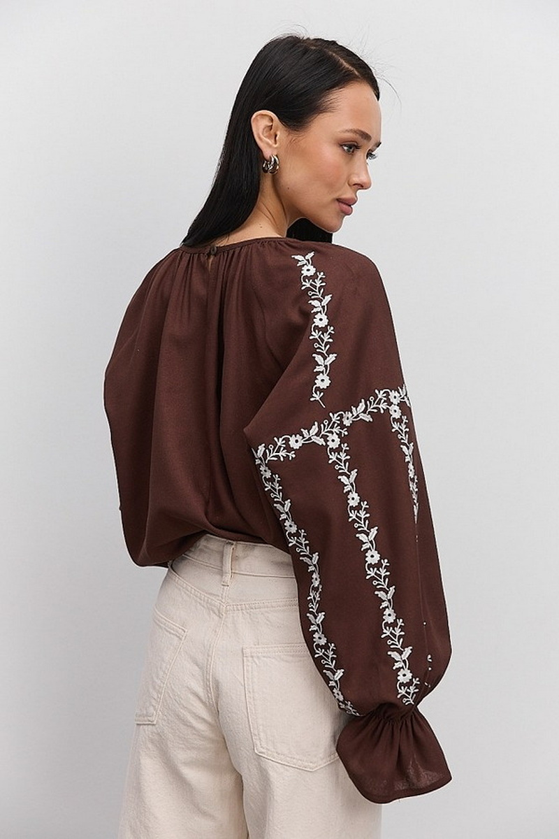 Women's chocolate embroidered blouse with milk-colored satin-stitch flowers